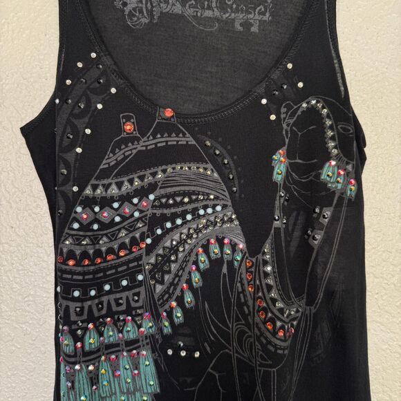 Key Closet Top Womens XS Camel Swarovski Crystal Rhinestone Tank Tee Shirt Black - Picture 2 of 9